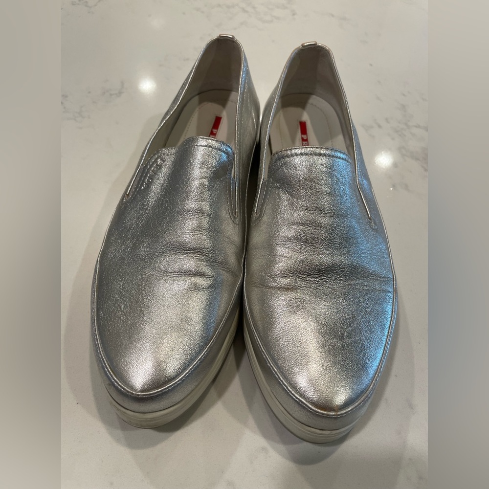 Prada leather silver slip-on , Sz 8 ( European 39)
